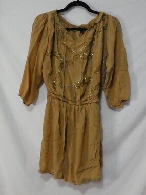 NE QUITTEZ PAS Mini Dress Mustard Gold Sequin Embellished Boho P2P 19"
